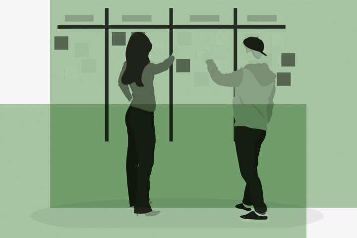 Graphic of two people putting sticky notes on a whiteboard